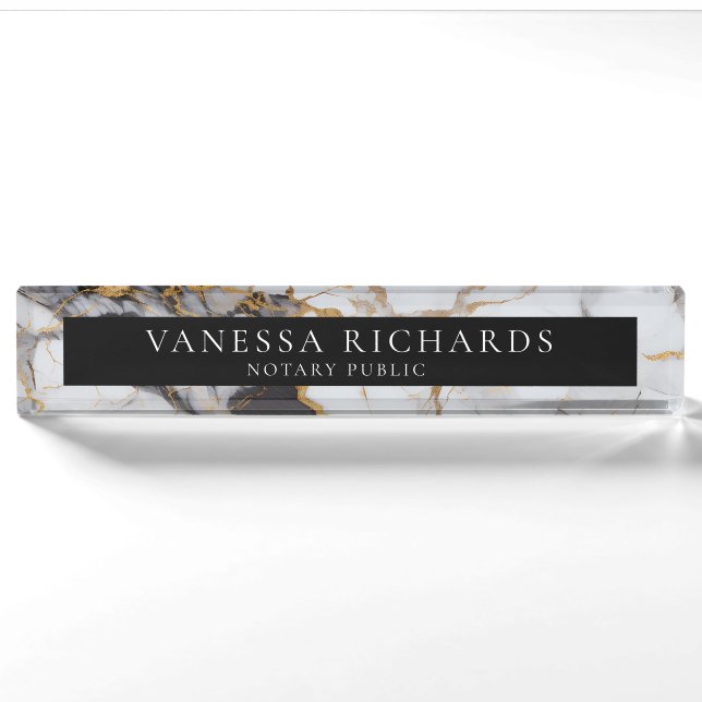 Elegant White Gray Gold Marmor Notary Black Namensplakette (Vorderseite)