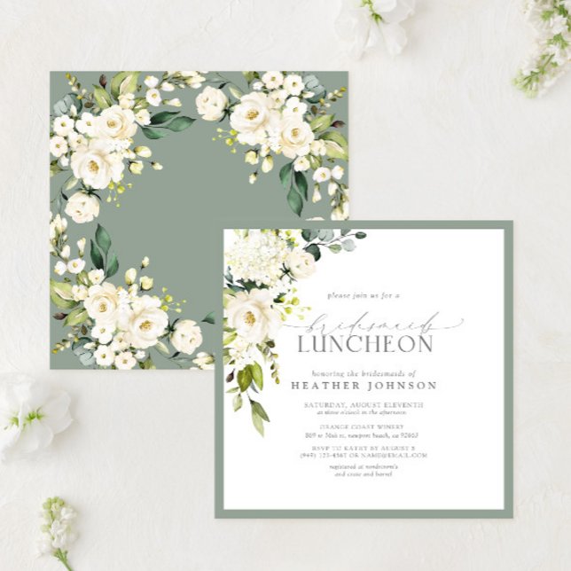 Elegant White Gray Green Floral Bridal Luncheon Einladung (Von Creator hochgeladen)