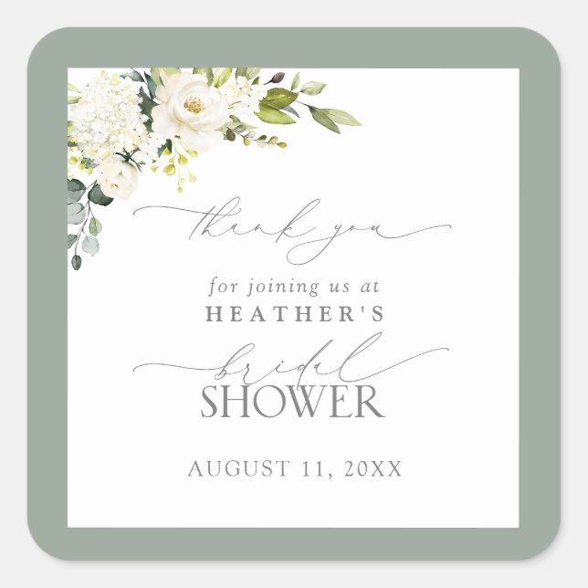 Elegant White Gray Green Floral Dusche Vielen Dank Quadratischer Aufkleber (Vorderseite)