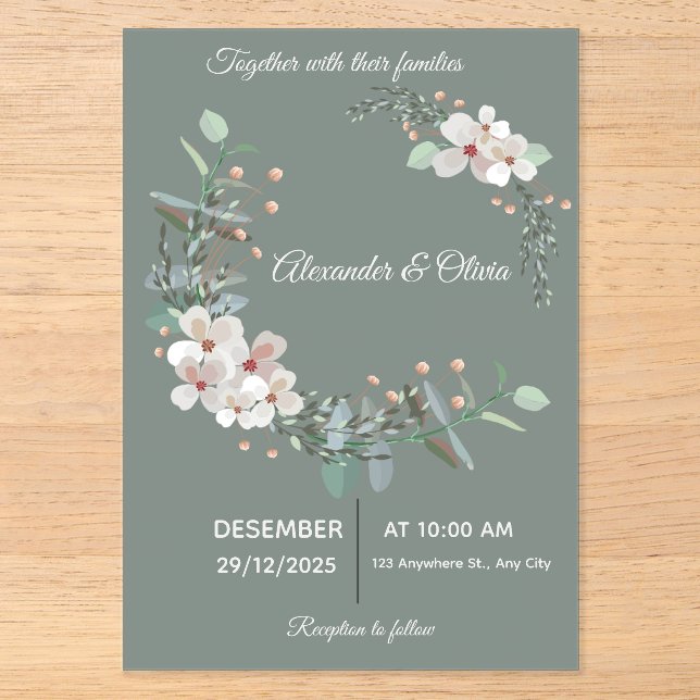 Elegant White & Green Acrylic Wedding Invitation Acryleinladungen (Vorderseite)