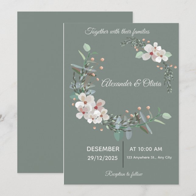 Elegant White & Green Wedding Invitation Einladung (Vorne/Hinten)
