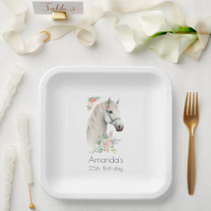 Elegant White Horse Boho Floral Geburtstag Pappteller