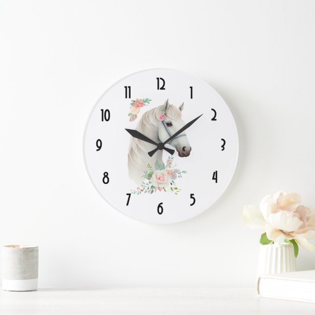 Elegant White Horse Boho Floral Große Wanduhr (Zuhause)