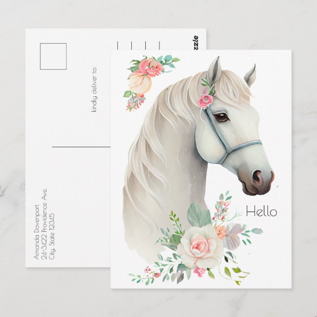 Elegant White Horse Boho Floral Postkarte (Vorne/Hinten)