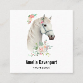 Elegant White Horse Boho Floral Quadratische Visitenkarte