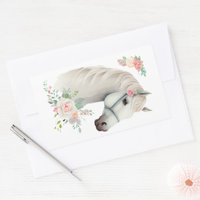 Elegant White Horse Boho Floral Rechteckiger Aufkleber (Umschlag)