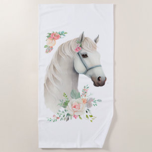 Elegant White Horse Boho Floral Strandtuch