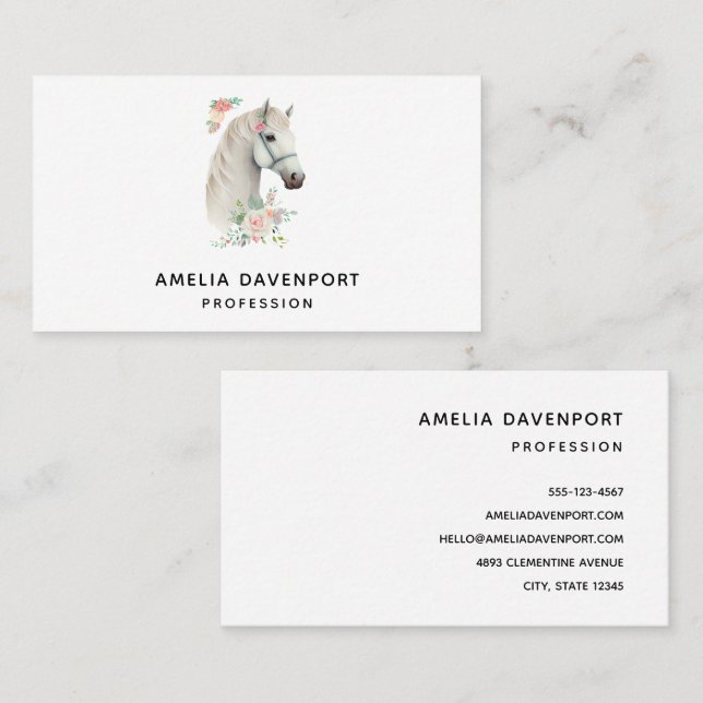 Elegant White Horse Boho Floral Visitenkarte (Vorne/Hinten)
