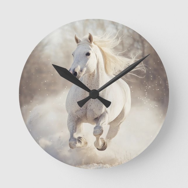 Elegant White Horse Wall Clock - Majestic Animal A Runde Wanduhr (Vorderseite)