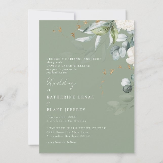 Elegant White Hydrangea Sage Beide Eltern Hochzeit Einladung (Vorderseite)