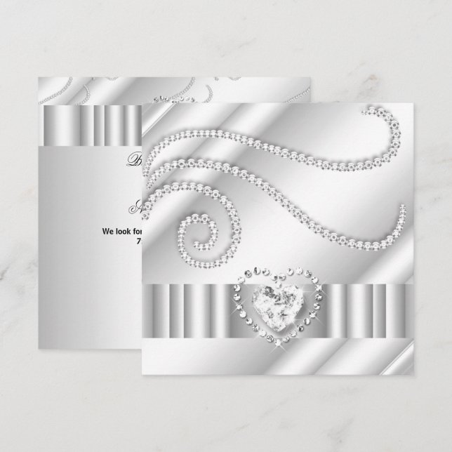 Elegant White Jewel Diamonds Silver Birthday Party Einladung (Vorne/Hinten)