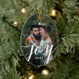 Elegant White Joy Script Foto Weihnachten Keramikornament