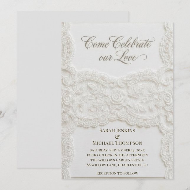 Elegant White Lace Wedding Invitation Einladung (Vorne/Hinten)