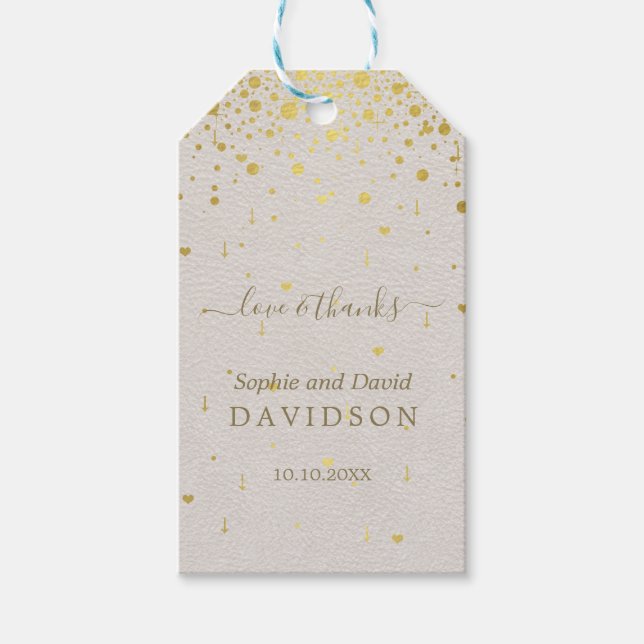 Elegant White Leather Gold Confetti Wedding Geschenkanhänger (Vorderseite)