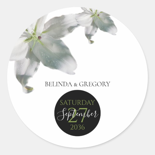 Elegant White Lilies Wedding Runder Aufkleber (Vorderseite)