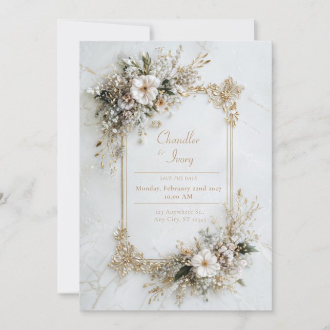 Elegant White Marble Gold Floral Geometric Wedding Einladung (Vorderseite)