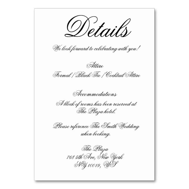 Elegant White Minimal Wedding Detail Cards Tischnummer (Vorderseite)
