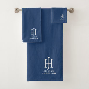 Elegant White Monogram Navy Blue Badhandtuch Set