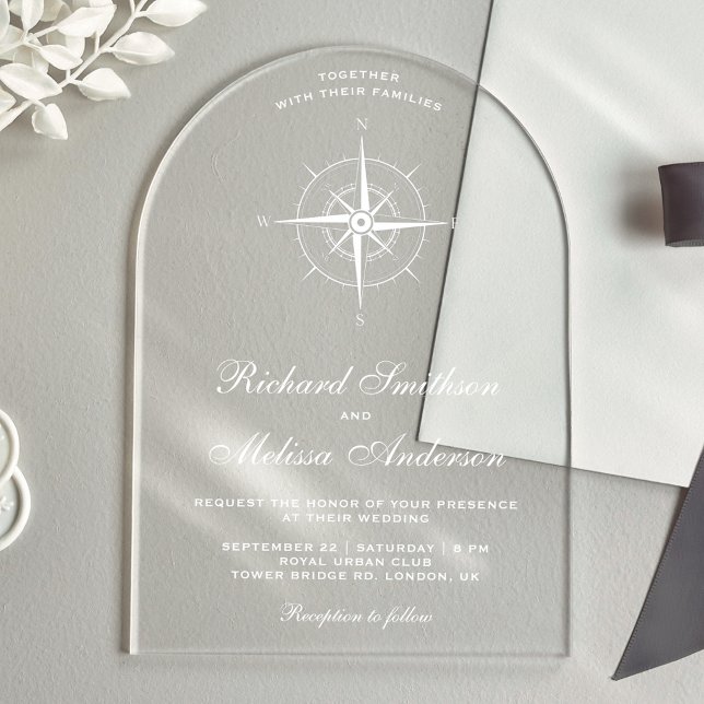 Elegant White Nautical Compass Wedding Acryleinladungen (Von Creator hochgeladen)