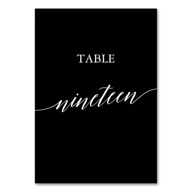 Elegant White on Black Calligraphy Table Neunzehn Tischnummer (Vorderseite)