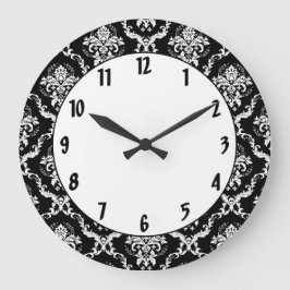 Elegant White on Black Damask Große Wanduhr