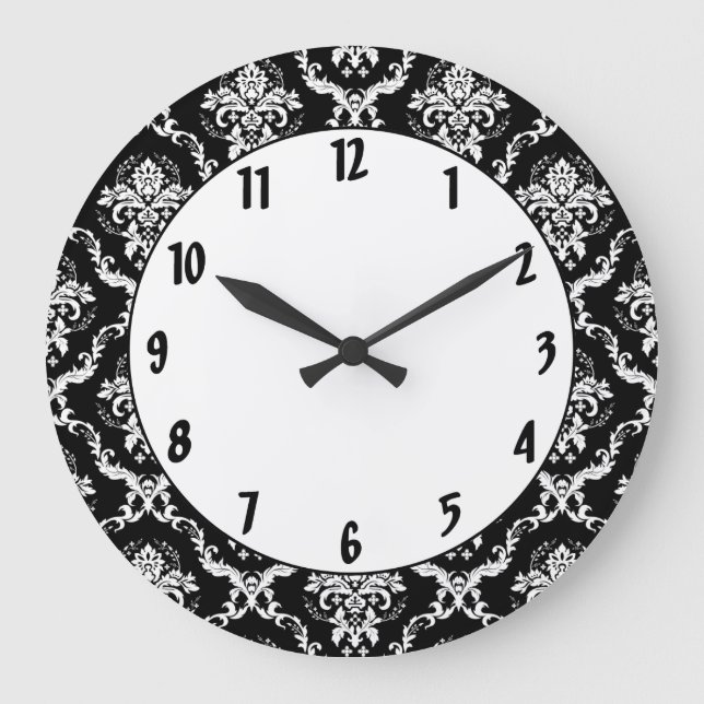 Elegant White on Black Damask Große Wanduhr (Vorderseite)