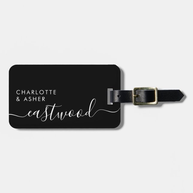 Elegant White On Black Monogram Script Name Gepäckanhänger (Vorderseite horizontal)