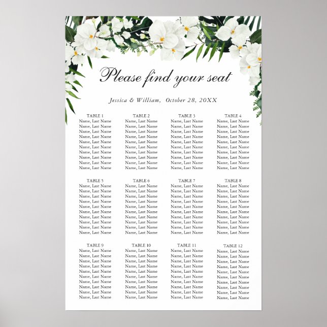 Elegant White Orchid Boho 12 Tables SITZENDE CHART Poster (Vorne)