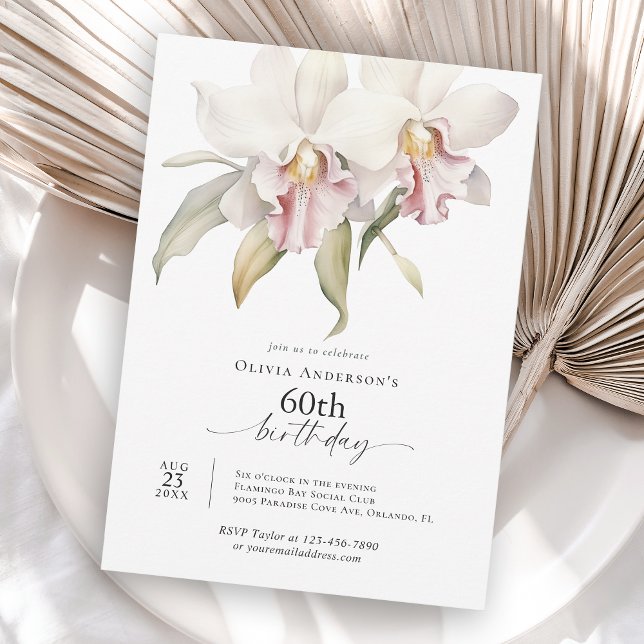 Elegant White Orchids Floral 60th Birthday Einladung (Available in both printed and instant download digital formats.)