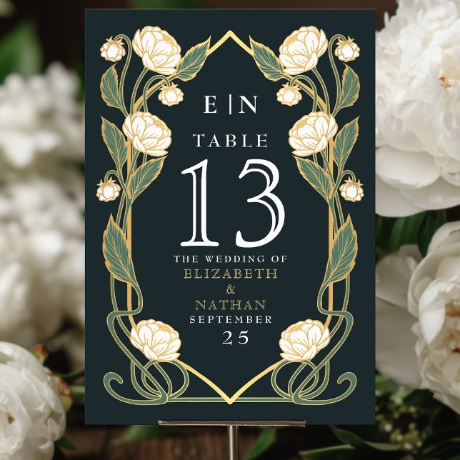 Elegant White Peony Art Nouveau Floral Wedding Tischnummer (Von Creator hochgeladen)