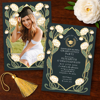Elegant White Peony Art Nouveau Graduation Party Einladung