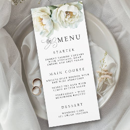 Elegant White Peony Floral Wedding Menu Menükarte