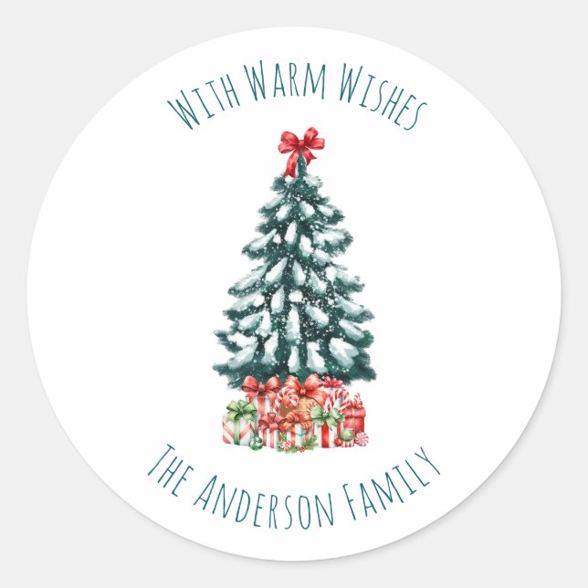 Elegant White Personalized Snowy Christmas Tree Runder Aufkleber (Vorderseite)