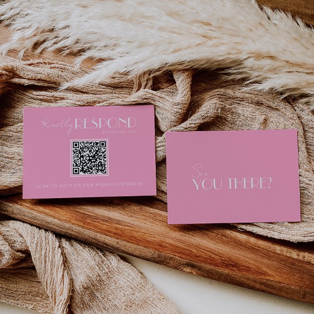 Elegant White Pink Minimalist QR Code Wedding RSVP Karte (Von Creator hochgeladen)