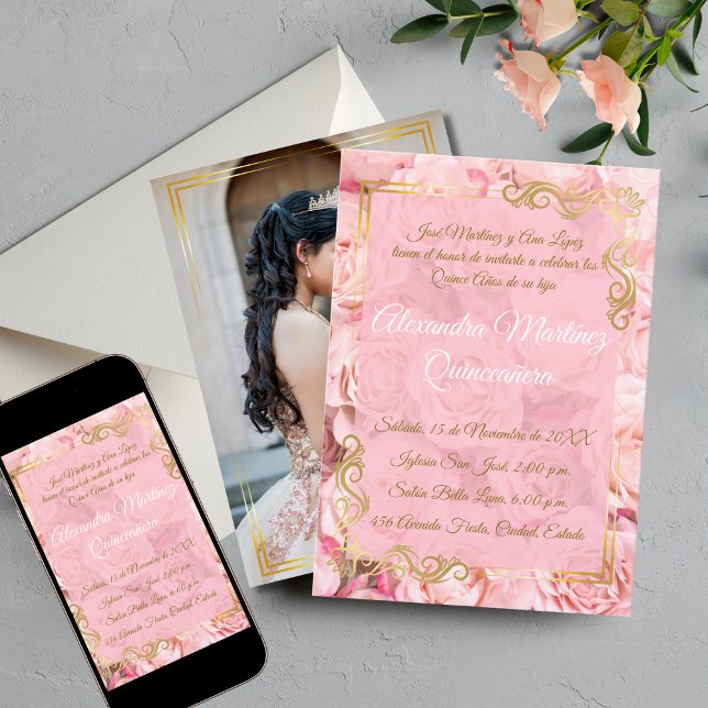 Elegant White Pink Rose Gold Floral Quinceñera Einladung (Von Creator hochgeladen)