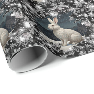 Elegant white rabbit Christmas snowflakes Geschenkpapier