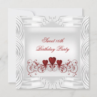 Elegant White Red Hearts Sweet 16 Einladung