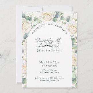 Elegant White Rose 95th Birthday Party Einladung