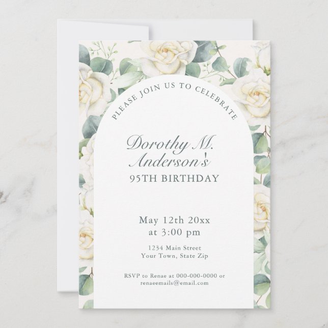 Elegant White Rose 95th Birthday Party  Einladung (Vorderseite)
