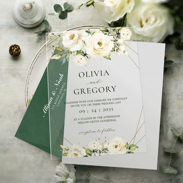 Elegant White Rose Akryllische Hochzeitseinladung Acryleinladungen (Von Creator hochgeladen)