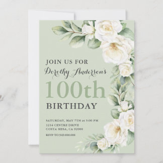 Elegant White Rose Eucalyptus 100th BIrthday Party Einladung