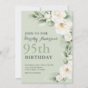 Elegant White Rose Eucalyptus 95. BIrthday Party Einladung