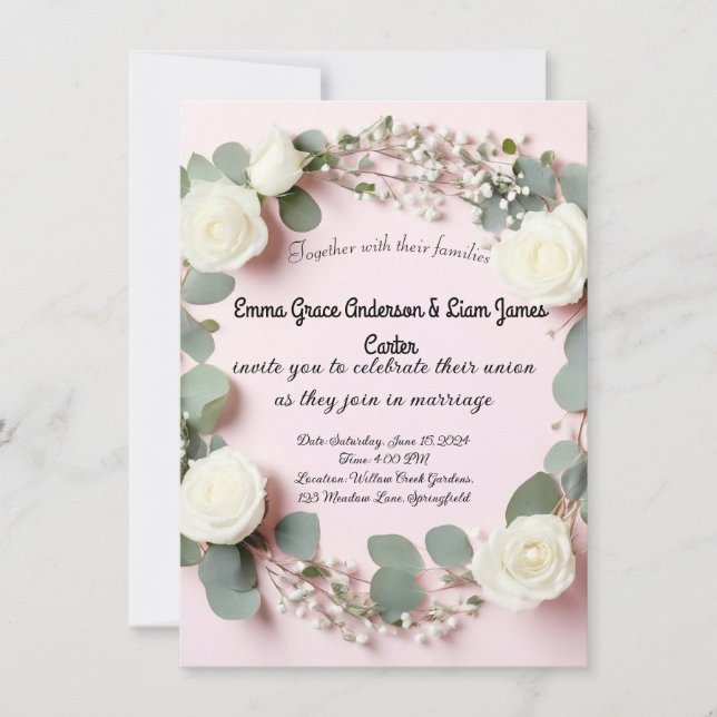 Elegant White Rose & Eukalyptus Wedding Einladung (Vorderseite)