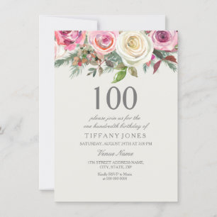 Elegant White Rose Floral 100. Geburtstag Einladun Einladung