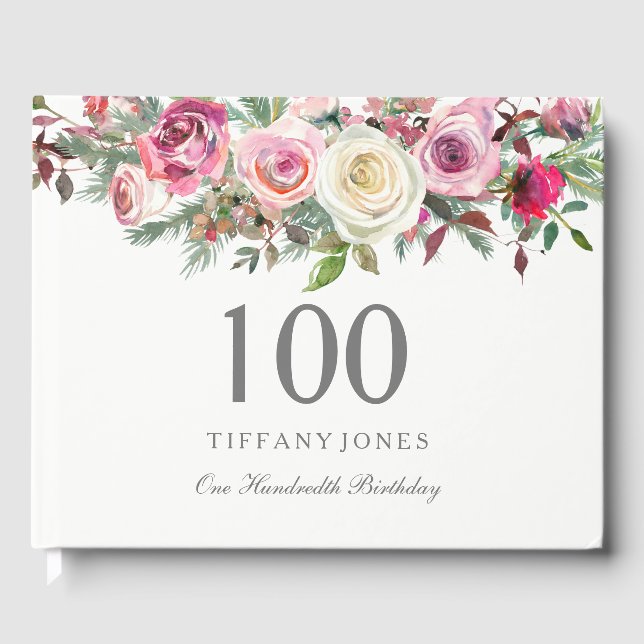 Elegant White Rose Floral 100th Birthday GuestBook Gästebuch (Vorderseite)