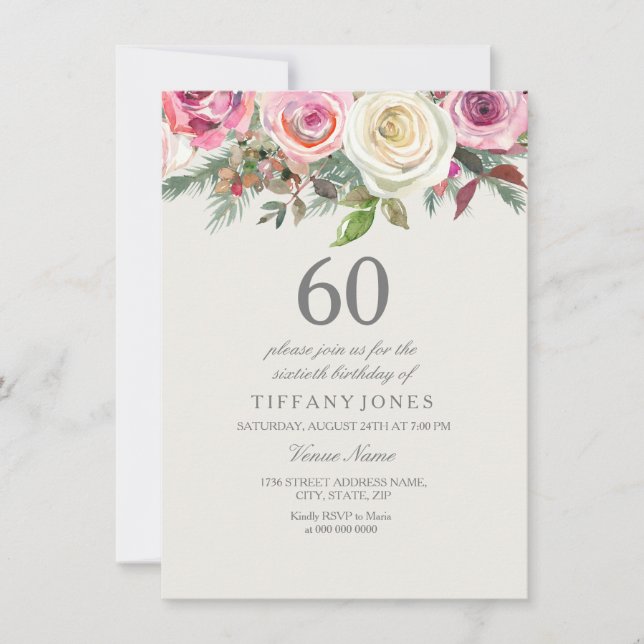 Elegant White Rose Floral 60. Geburtstag Einladung (Vorderseite)