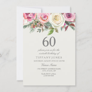 Elegant White Rose Floral 60. Geburtstag Einladung