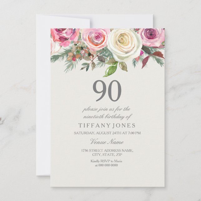 Elegant White Rose Floral 90. Geburtstag Einladung (Vorderseite)