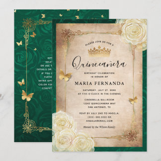 Elegant White Rose Gold Green Quinceanera Einladung