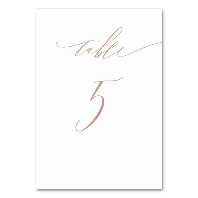 Elegant White Rose Gold Script No. 5 Wedding Tischnummer (Vorderseite)